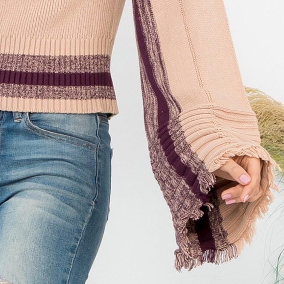 10 Wide Turtleneck Long Flare Sleeve Stripe Ribbed Knit Sweater Top - Picture 3 of 3